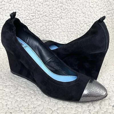 Lanvin Paris Wedge Heels Black Suede Pewter Metallic Cap Toe Ballet EU 41 US 9 • $149