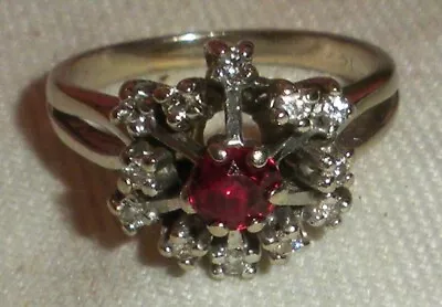 VINTAGE 14K WHITE GOLD DIAMOND & GARNET ENGAGEMENT WEDDING RING SIZE 4.5 Tuvi • $275