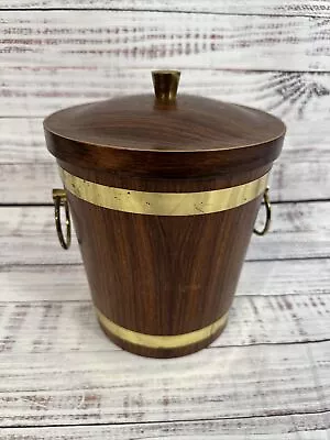 Vintage Wooden Brass Ice Bucket With Metal Liner And Lid Made In Japan • $9.60