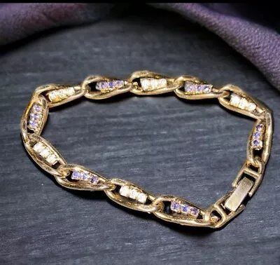 Vintage Purple + Clear Rhinestone Gold Tone Bracelet • $9.99