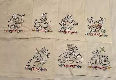 Charming Vintage 1940s Embroidered Cats Kitties Daily Dish Towel Set Of 7 • $8.99