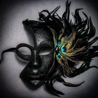 Half Moon Side Feather Venetian Masquerade Costume Women Eye Mask Glitter Black • $21.90