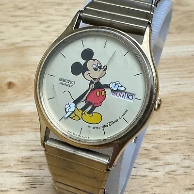 Seiko Disney Quartz Watch 5Y23-7079 Mickey Men Gold Tone Day Date New Battery • $79.99