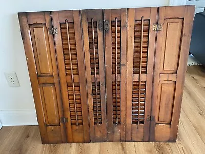 Vtg Pair Rustic Wood Louver Window Shutters Salvage Wooden Trifold 37  W X 34  H • $149.99