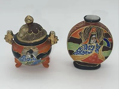 2 Pc Moriyama Mori Machi Hand Painted Japan Porcelain Incense Burner & Vase • $52