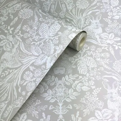 Putty / Grey Woodland Damask Rabbit Hedgehog Hand Painted Effect Wallpaper • £13.99