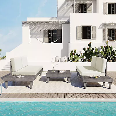 4-Person Outdoor Patio Poolside Furniture Set Solid Wood Set W/ Table & Cushion • $565.25