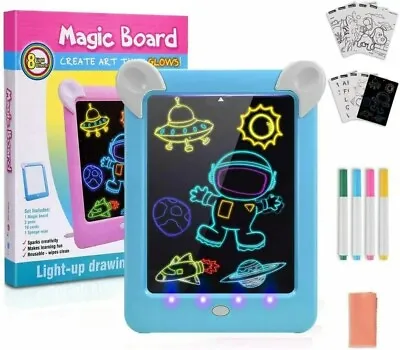 Kids Magic Drawing Board Pad 3D LED Light Up Doodle Glow + Paintbrush For Gift • £10.98