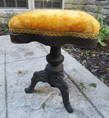 $173.99 • Buy Antique CAST IRON Piano Stool WOOD Gold Felt