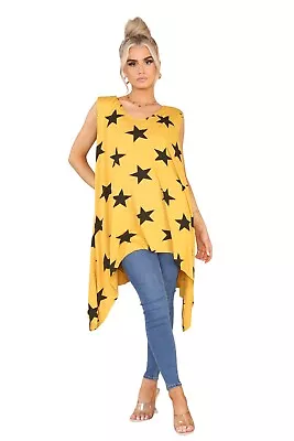 Women Star Hanky Hem Sleeveles Flared Jersey Long Tunic Flared Swing Vest Top • £13.79