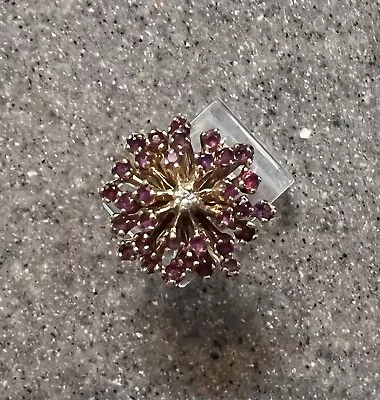 Vintage 10K Yellow Gold Ruby & Diamond Starburst Cocktail Ring • $399