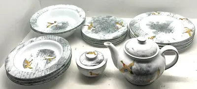 Burton & Burton 16 Pc  Porcelain Dish  Dinnerware Set Mallard Ducks Cabin Lot • $56.69