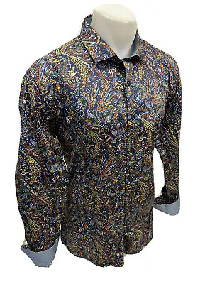 Mens STEELO COLORFUL NAVY PAISLEY Long Sleeve Button Up Dress Shirt SILKY S718 • $23.38