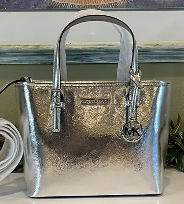 Michael Kors Jet Set Travel Xs Zip Crossbody Tote Bag Messenger Metallic Silver • $107.99