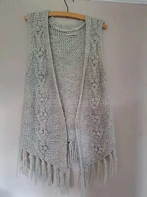 M&S Knitted Gilet Waistcoat M Fringed Boho Ivory • £4.99