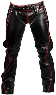 Mens Bondage Pants Black & Red Real Leather Heavy Duty Jeans Stylish Trousers • $119.99