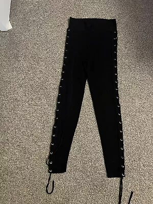 Zara Black High Waisted Lace Up Skinny Leggings S 8 Small 36 • £19