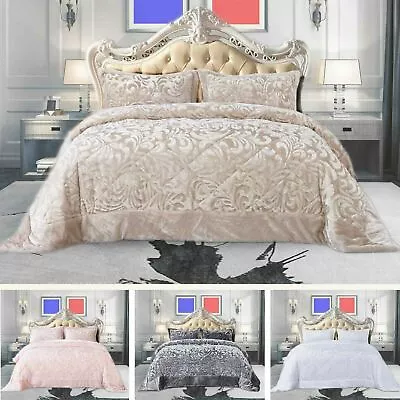 3Piece Velvet Fleece Quilted Bedspread Throw Luxury Bedding Set Double King Size • £36.95