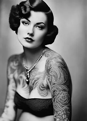 Vintage Tattoo Photo Woman Black And White Picture Antique Style Wall Art V1 • $14.99