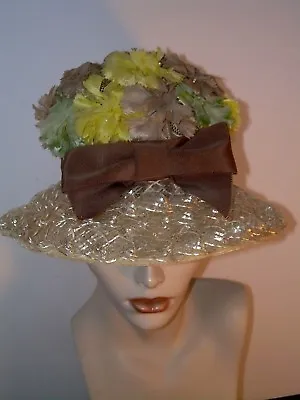 Vtg Womens Fancy Spring Easter  Hat~pastel Flowers Floral~ribbon Bow & Band~euc • $30