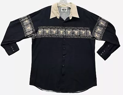 Vintage Cumberland Outfitters Western Shirt Pearl Snap Black Cow Skull Mens XXL • $38.99