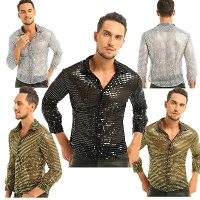 US Mens 70s Disco Party Costume Sequins Button Down Shirts See Through Clubwear • $15.72