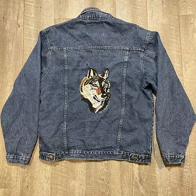 Elk Canyon Blue Jean Denim Jacket Men's Size Large Wolf Embroidered On Back • $27