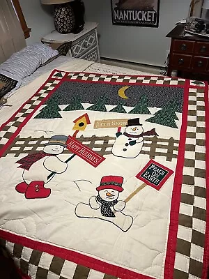 Vintage Handmade Quilt 60  X 48  Blanket Christmas Snowman   BEAUTIFUL • $20