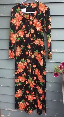 Vintage Korell Maxi Dress Womens Medium Black Floral Long Sleeve Loungewear 70's • $39.99