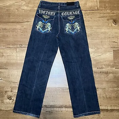 Vintage Baggy Jeans Size 18 Y2K Denim Pants Embroidered Pocket Ed Hardy Jaded • $59.99
