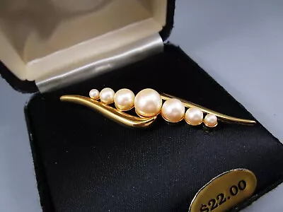 NOS New In Box MONET Gold Tone 2.5  Long Faux Pearls  Brooch Pin • $14.99