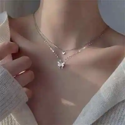 Shiny Butterfly Necklace Ladies Exquisite Double Layer Clavicle Chain Necklace • $9.98