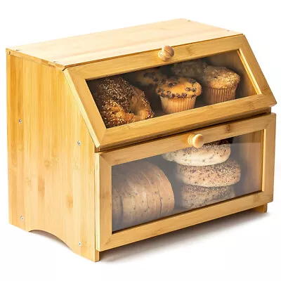 Double Layer Large Bamboo Wood Bread Box For Kitchen Countertop Bread Storage • $39.99