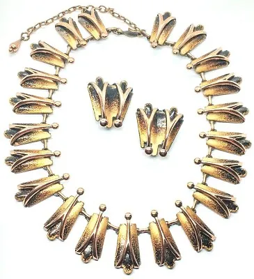 Elegant Vintage Mid-Century Matisse Black Enamel Copper Necklace Earrings Set • $269