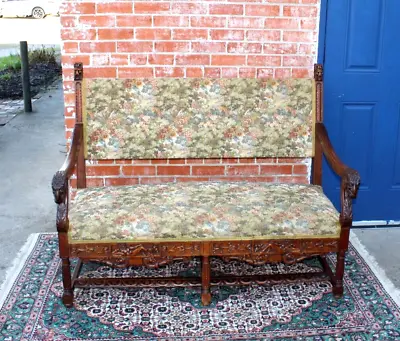 French Antique Renaissance Walnut Wood Upholstered Setee • $2250