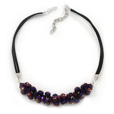 Chameleon Purple Cluster Glass Bead Black Suede Necklace In Silver Plating - • $14.30
