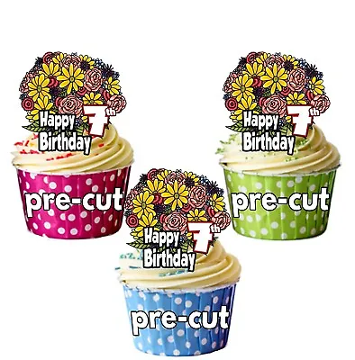 PRECUT Pretty Flowers Bouquet 12 Cup Cake Toppers Birthday Decorations ANY AGE • £3.75