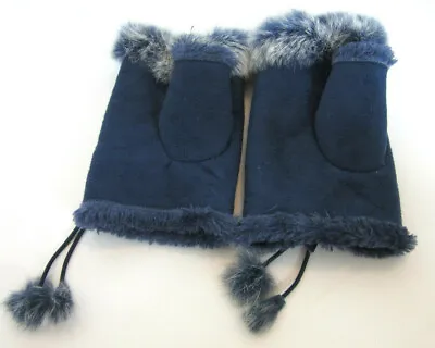 Rabbit Fur Blue Suede Fingerless Gloves Mitts Faux Fur Lined Womens One Size • $24.99