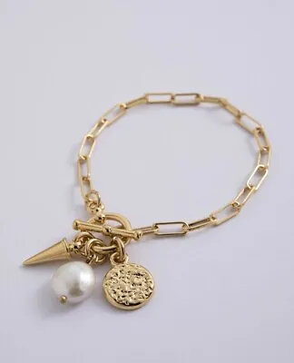Danon Thalia Oval Bracelet Plated With 24K Gold A T-bar Clasp Charm And Pearl • £50