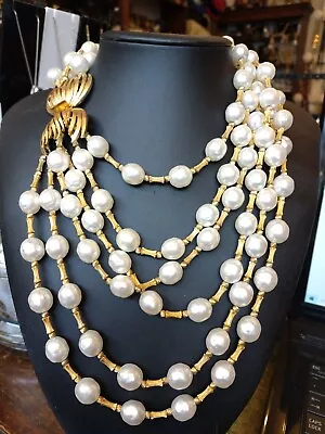 Vintage Gold Tone And Faux Pearl Multi Strand Necklace • £25