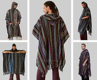 Poncho Mens Hippie Long Woven Poncho With Hood Pure Cotton Festival Pancho • $60