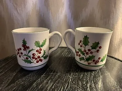Vintage SANGO 'White Christmas' Holly & Berries Set Of 2 Coffee Mugs 1982-1990 • $14