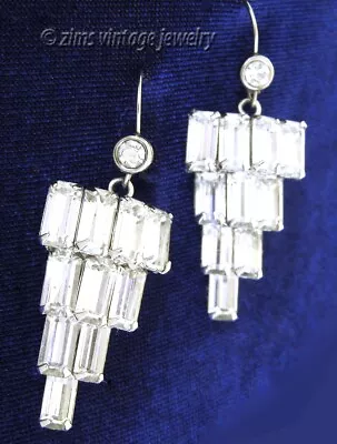 Vintage 1950’s Art Deco Style Baguette Rhinestone Waterfall Wire Dangle EARRINGS • $5.99