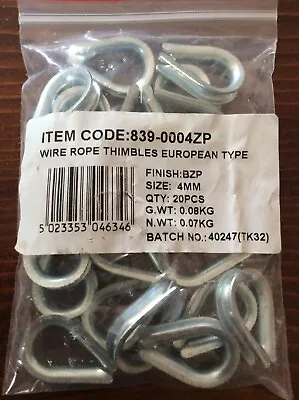 20 X 4mm Thimble Thimbles Wire Cable Rope BZP Galvanised Cable Clips Clamps • £4.99