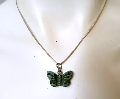 Vintage Butterfly Pendant Necklace Wood Green Silver Chain Fashion Jewelry Sale • $8