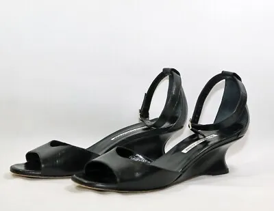 Manolo Blahnik Black Demiwedge With Ankle Strap - Size 39½ - Hand Made • $260