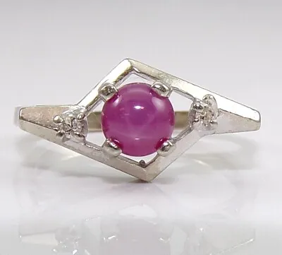 10K White Gold Lindy Pink Star Sapphire & Diamond Geometric Ring Size 6 LML2 • $249.99