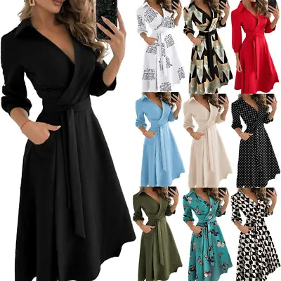 £13.59 • Buy Womens Long Sleeve Floral  Midi Dress Ladies Lace Up Belted Solid Shirt Dresses
