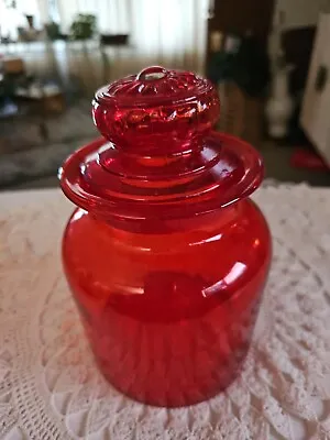 Vintage Large MCM Takahashi Red Blown Glass Apothecary Jar With Daisy Lid  7   • $35