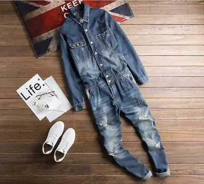 Mens Denim Jumpsuit Dungarees Jeans Overalls Boiler Suit Coveralls One Piece • $56.18